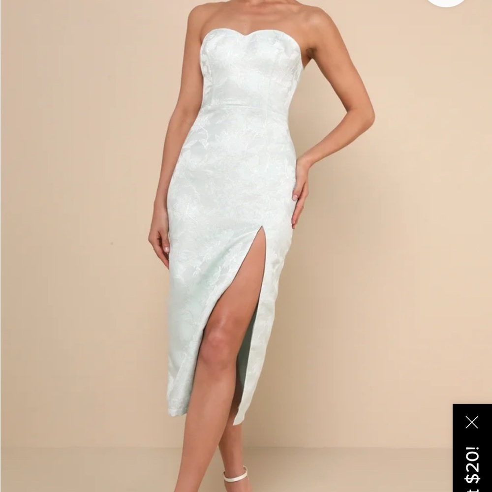 Beloved Belle Mint Green Jacquard Strapless Bow Midi Dress